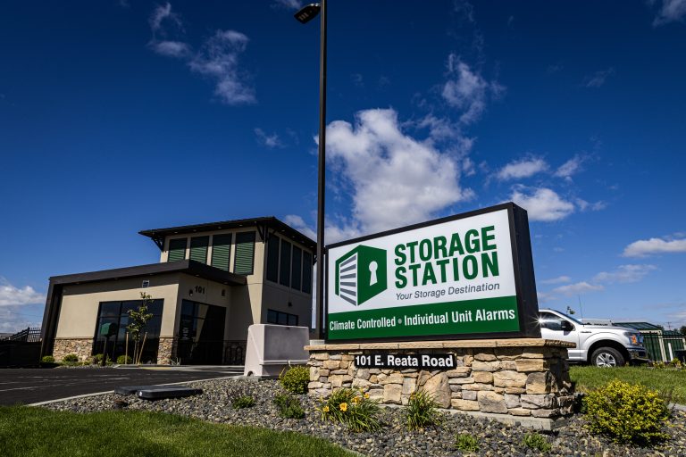 Storage station building and sign